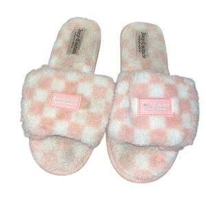 Juicy couture pink white checkerboard plush slippers large 9 10 retro y2k